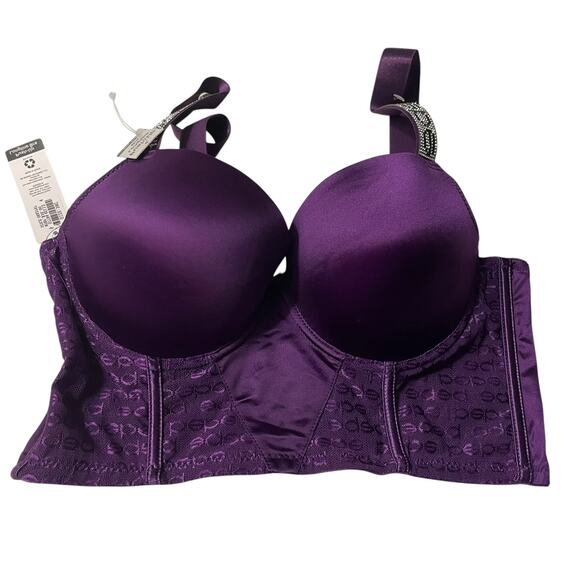 Bebe Womens Bra Size 34C Push Up Longline Bra Rhinstone Adjustable Straps Purple - Picture 4 of 9